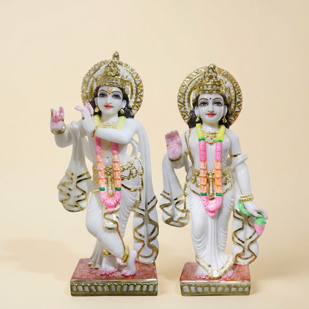 Radha Krishna, 21 Inch, White Marble Statue