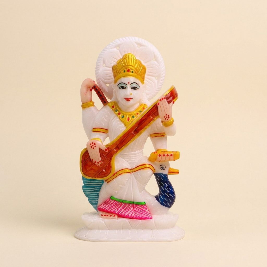 Goddess Saraswati, White Marble Statue — 9 Inches