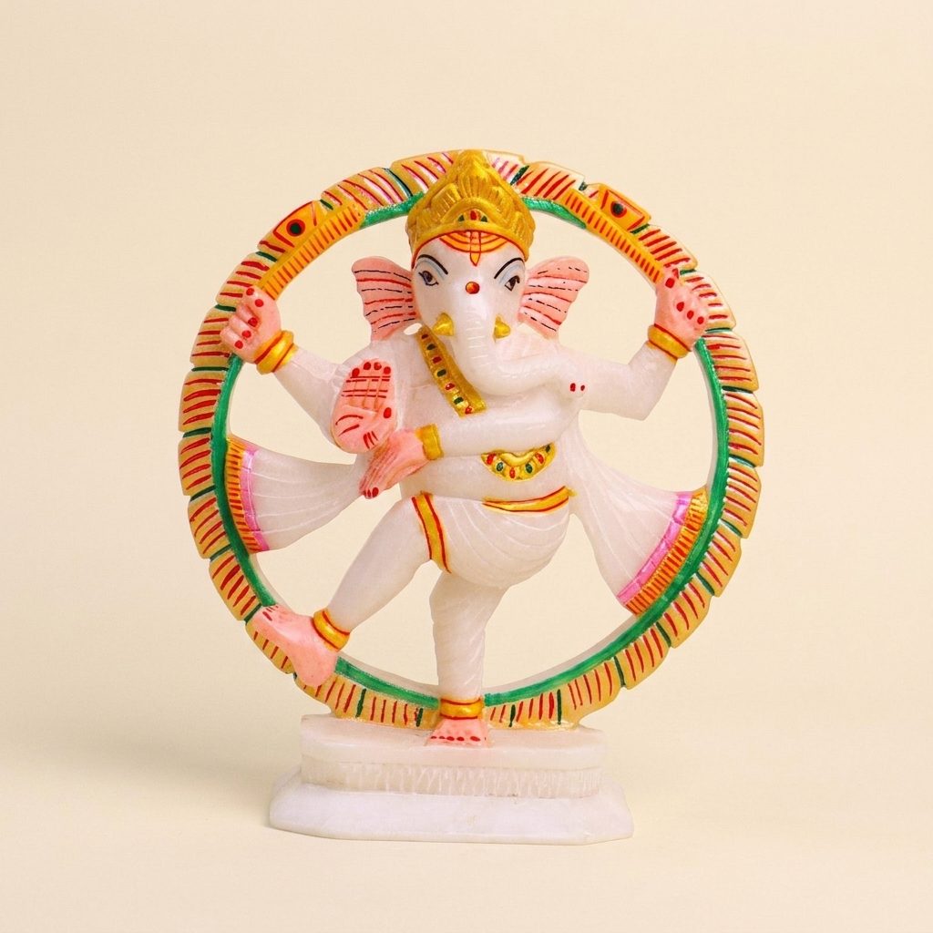 Natraj Ganesh, White Marble Statue — 8 Inches