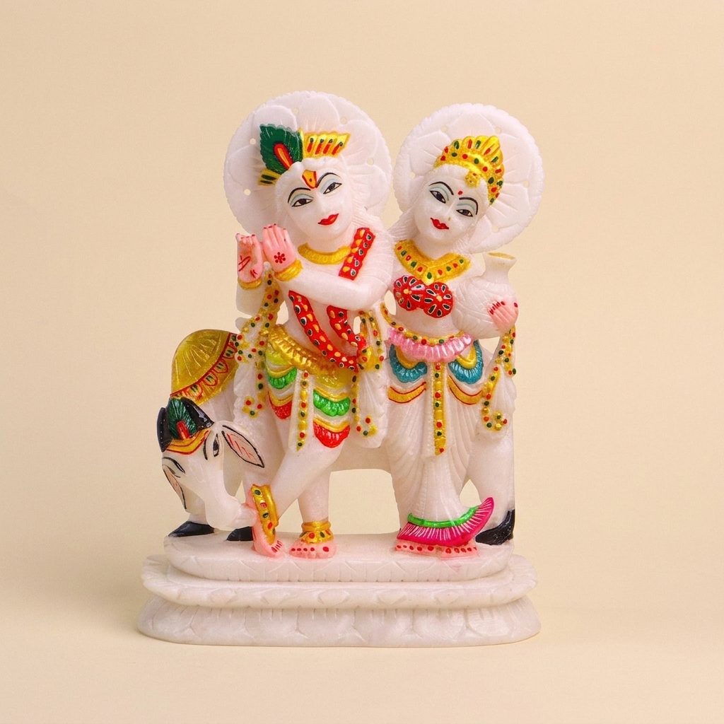 Radha Krishna Jugal Jodi with Cow, White Marble Statue — 8 Inches