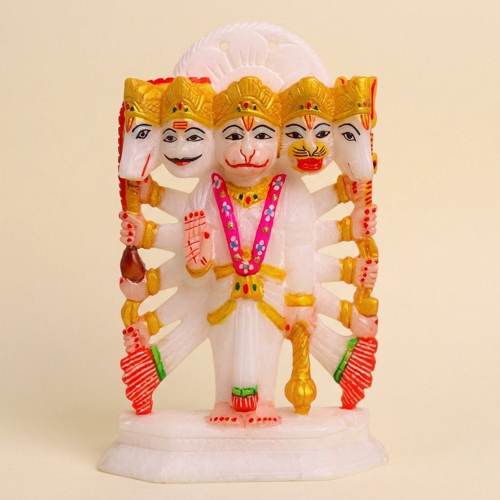 Panchmukhi Hanuman, White Marble Statue - Hadnicraft Bazaar — 7 Inches