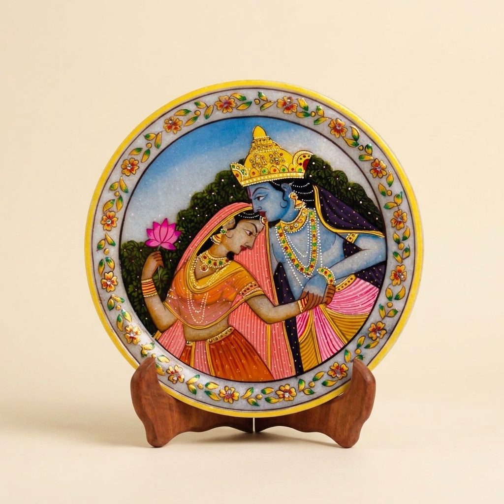 Radha Krishna 1, Gold Leaf 9 Inch Marble Decorative Plate