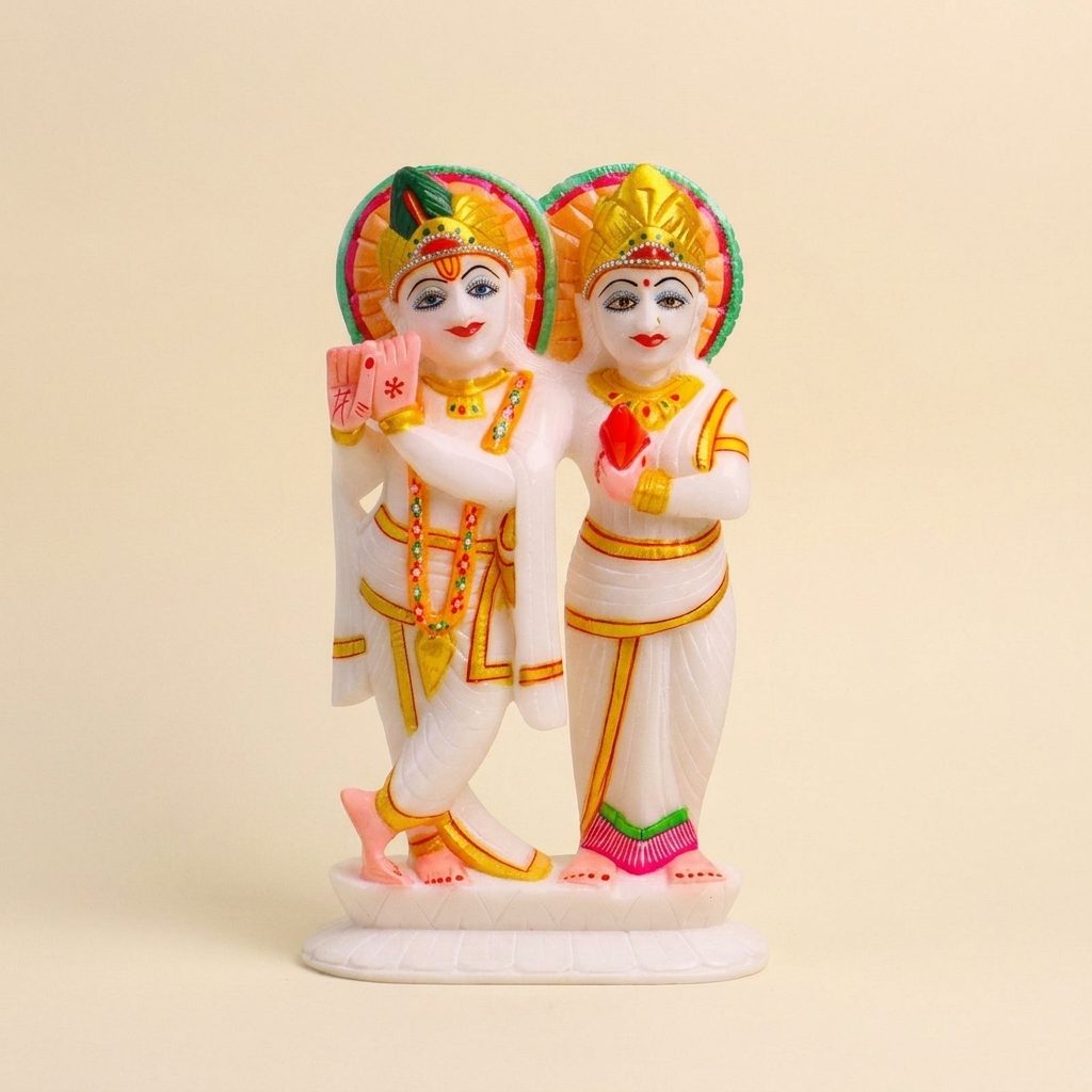 Radha Krishna White Marble Statue, — 8 Inch