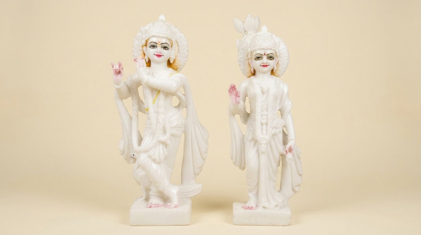 Radha Krishna, 15 Inch, White Marble Statue
