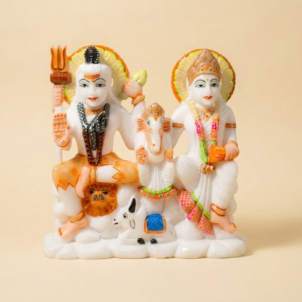 Shiv Parivar White Marble Statue — 8 Inches