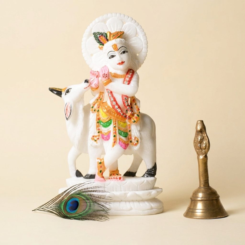 Vrindavan Krishna White Marble Statue — 8 Inches