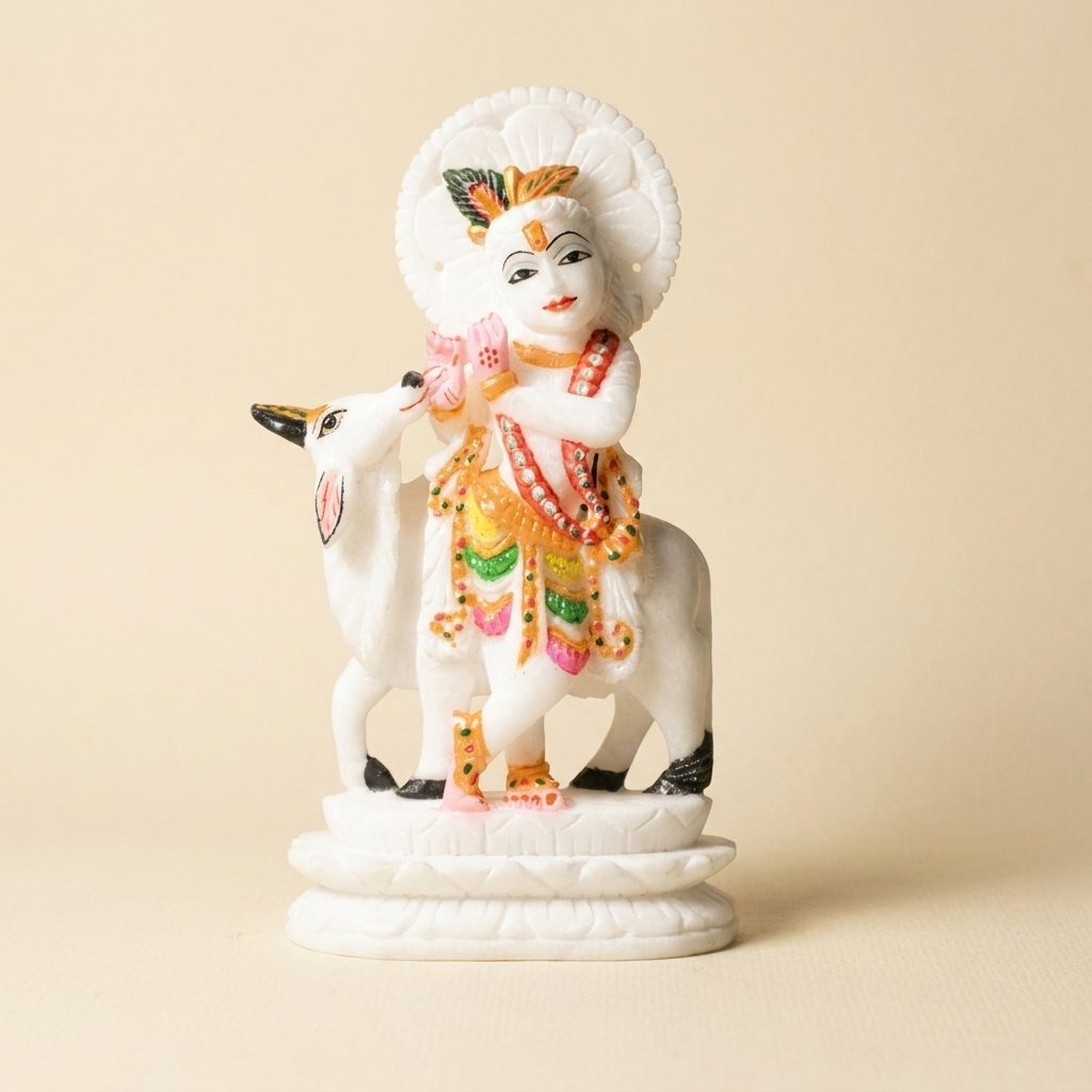 Vrindavan Krishna White Marble Statue — 6 Inches