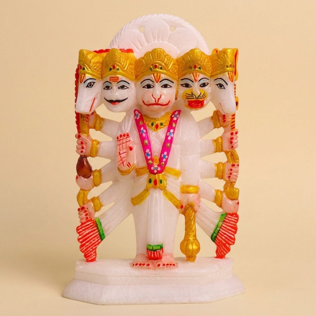 Panchmukhi Hanuman, White Marble Statue - Hadnicraft Bazaar — 9 Inches