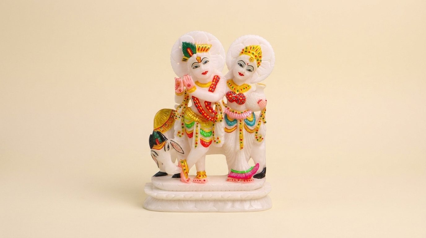 Radha Krishna Jugal Jodi with Cow, White Marble Statue — 6 Inches