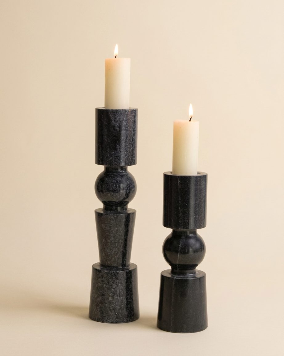 Marble Candle Holder Modern (Black) — Pair
