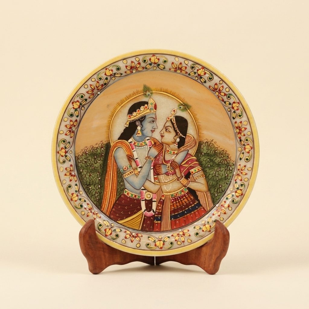 Radha Krishna, Gold Leaf 9 Inch Marble Decorative Plate