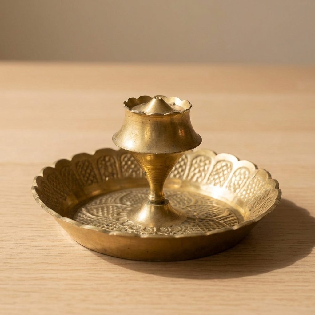 Flower-Shaped Brass Diya With Plate
