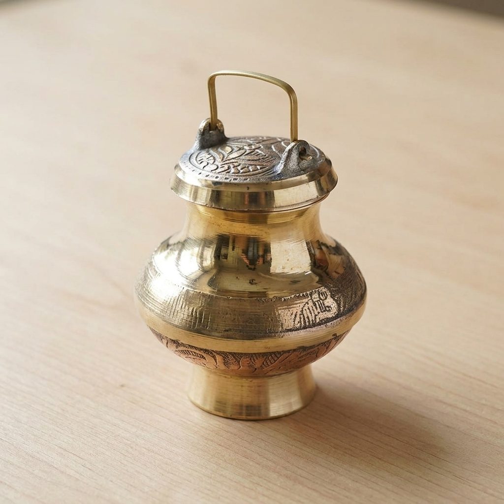 Engraved Brass Lidded Kalash With Handle